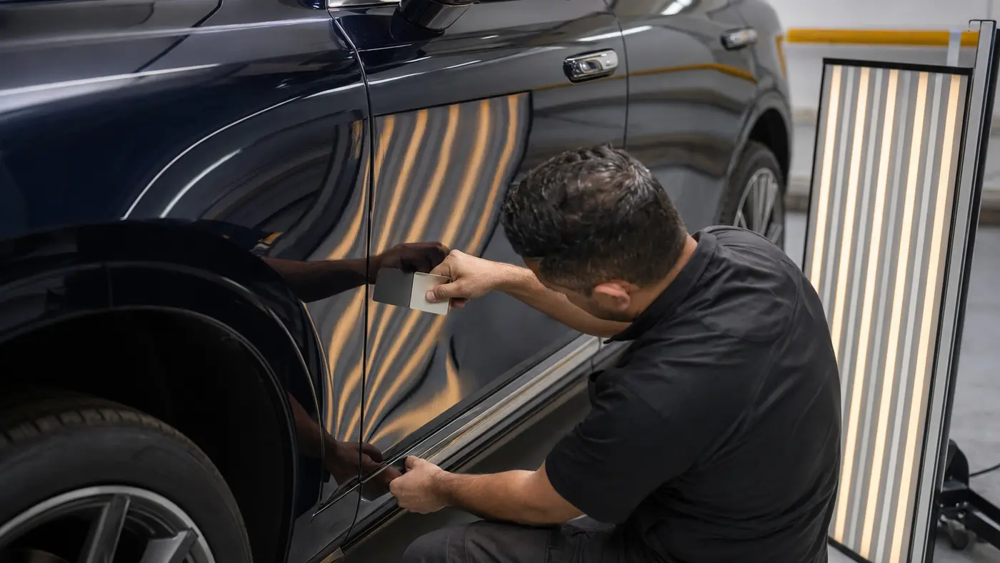 Technician checking reflections and body-line continuity along the doors of a large luxury SUV in Dubai.