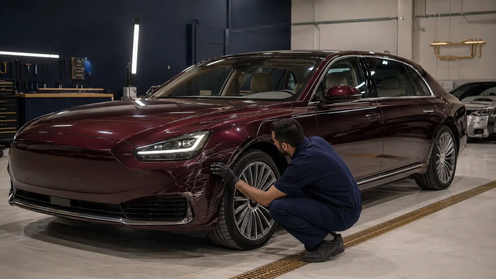 Technician inspecting front-fender and bumper-area damage on a large luxury sedan in a Dubai body shop.