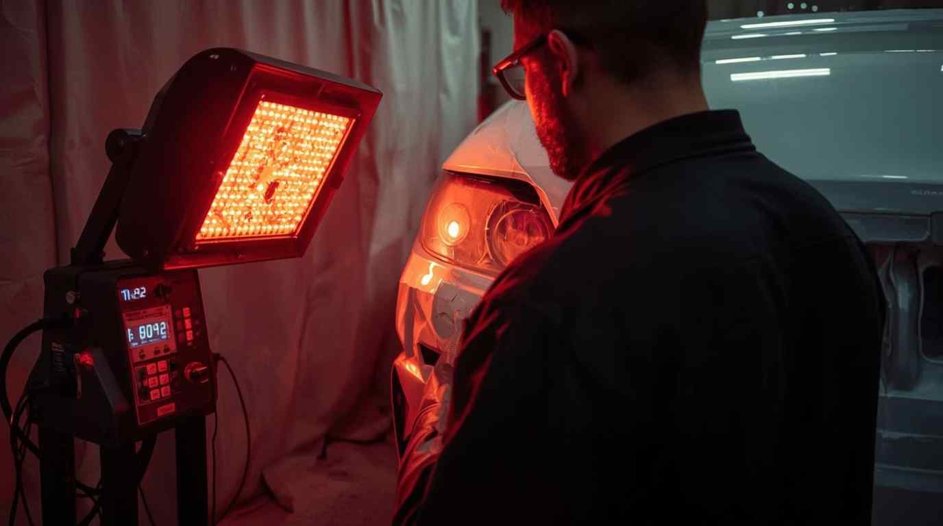 Painter checking curing time beside an infrared drying system