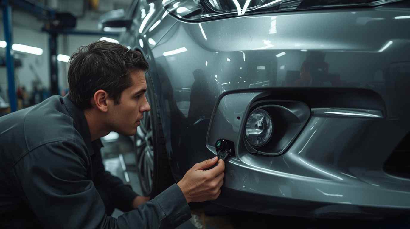 Technician measuring front bumper panel-gap alignment during a damage inspection