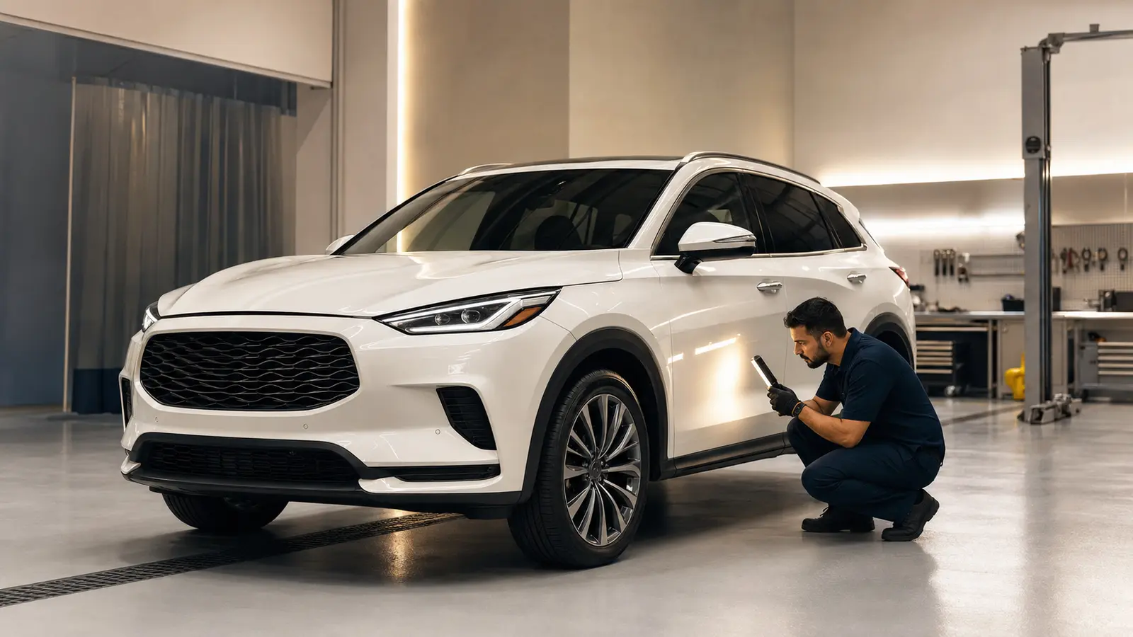 Technician inspecting the flowing side panels of a badge-free premium vehicle in a Dubai body shop.