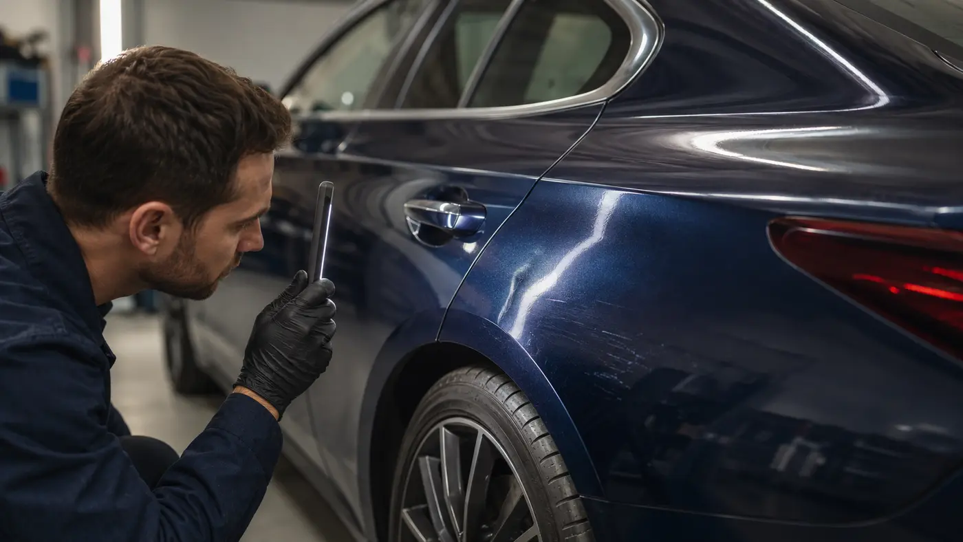 Technician using an inspection light to assess a shallow crease and paint scuff on a deep-blue rear quarter panel.