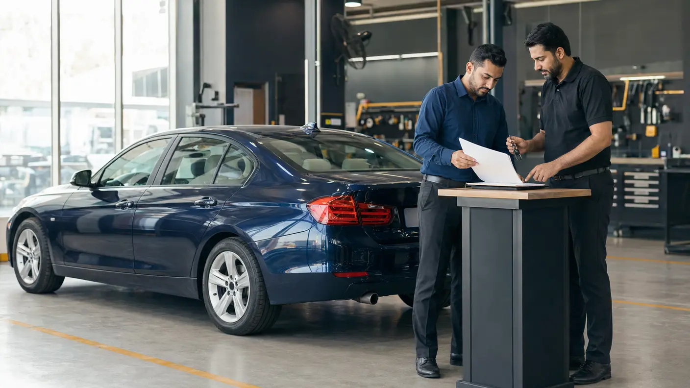 Customer and workshop advisor reviewing accident repair documents beside a vehicle in a Dubai body shop.
