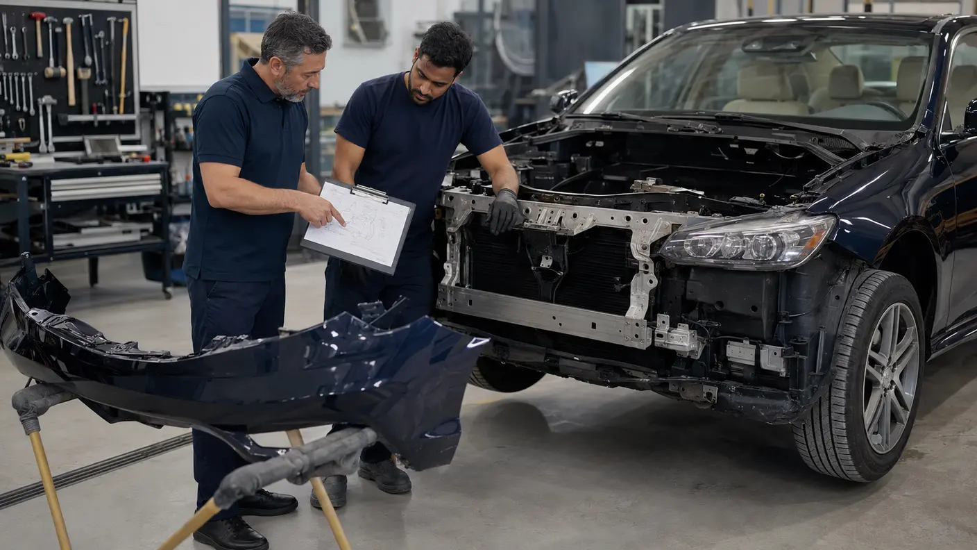 Body repair technicians reviewing exposed front-end components and a repair plan after controlled dismantling.