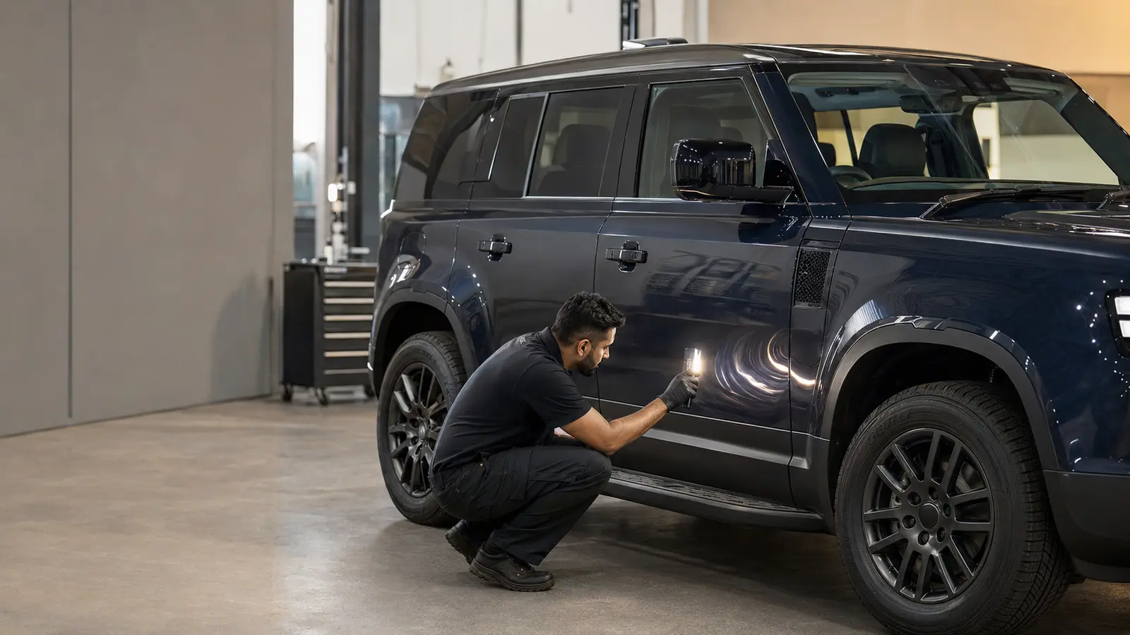 Technician inspecting the door and wheel-arch reflections on a tall dark SUV in a Dubai body shop.