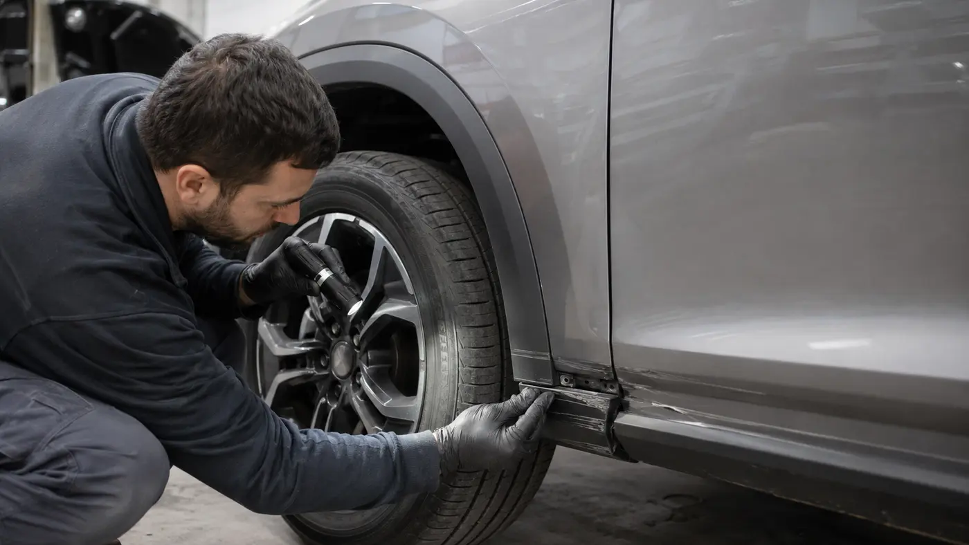 Technician checking a scraped lower sill and displaced wheel-arch trim on a grey SUV in a Dubai workshop.