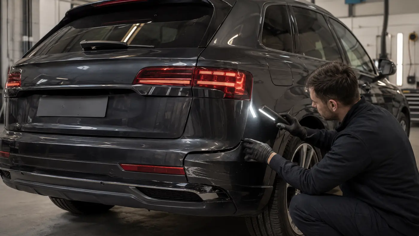 Technician inspecting a rear tailgate gap and scraped bumper corner on a dark SUV in a Dubai body shop.