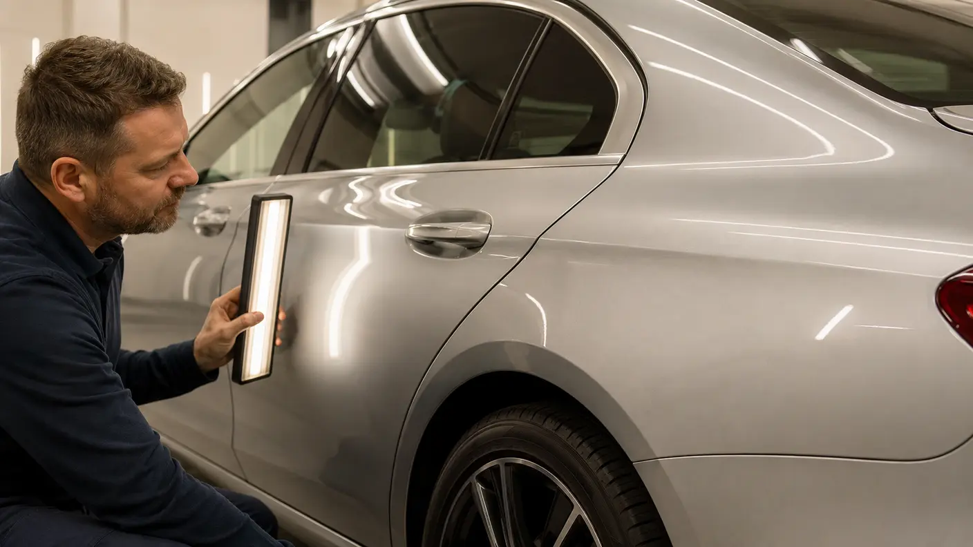 Technician checking a silver pearl paint finish across a rear door and quarter panel in Dubai.