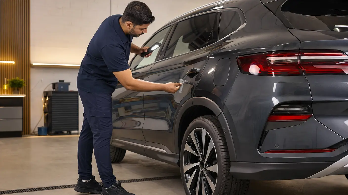 Technician checking rear panel gaps and trim alignment on a premium crossover in Dubai.
