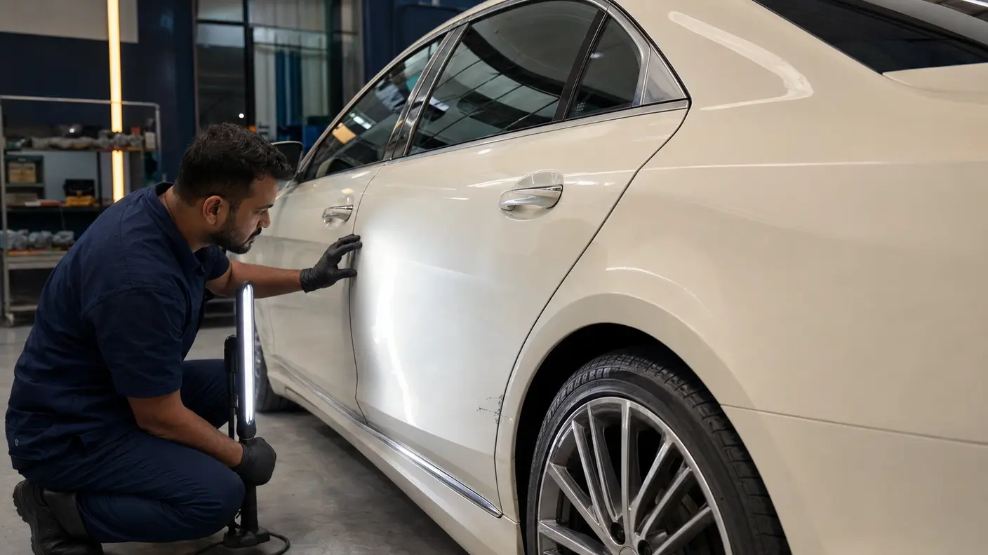 Technician checking rear-door and quarter-panel gaps on a badge-free luxury sedan in a Dubai body shop.