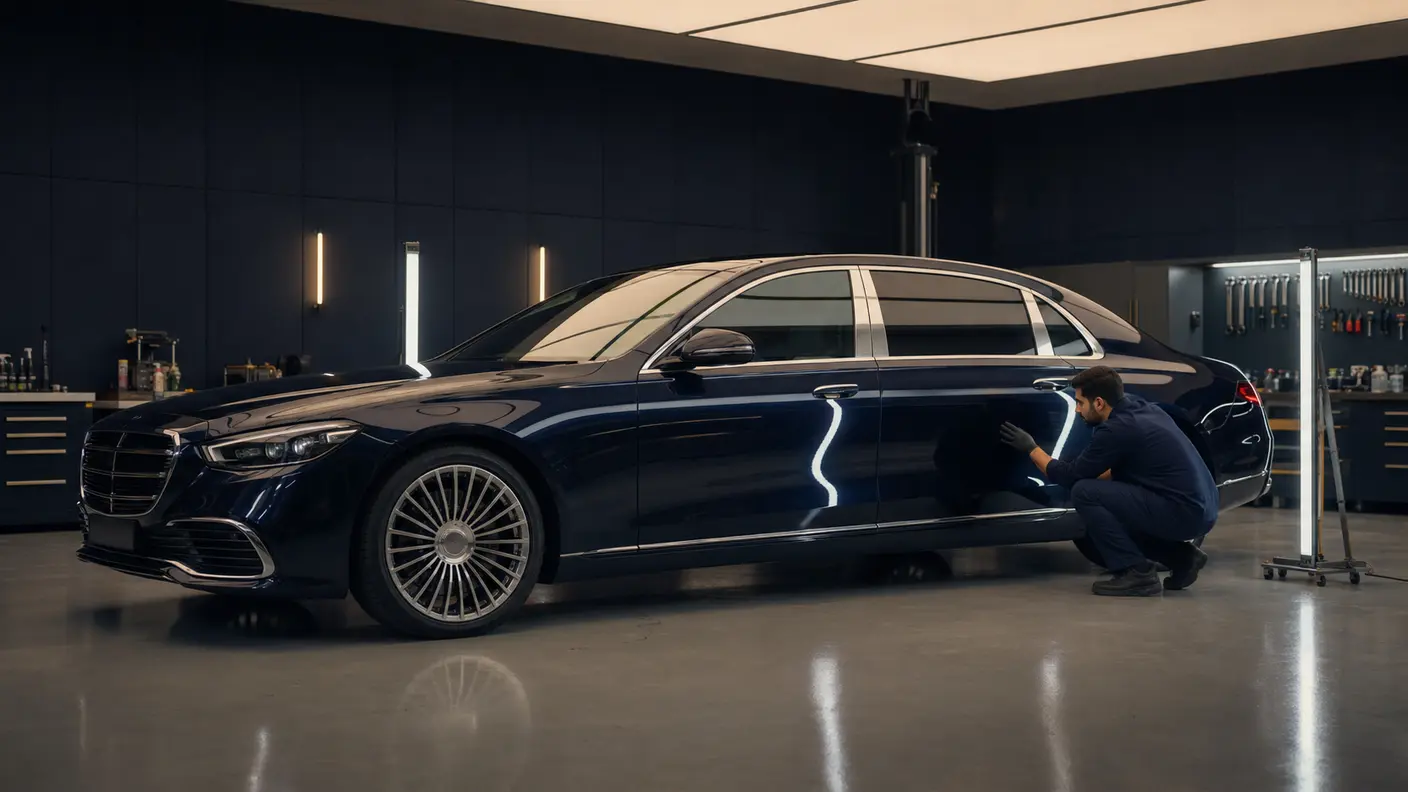 Technician inspecting reflections along a long luxury sedan during a Maybach body repair assessment in Dubai.