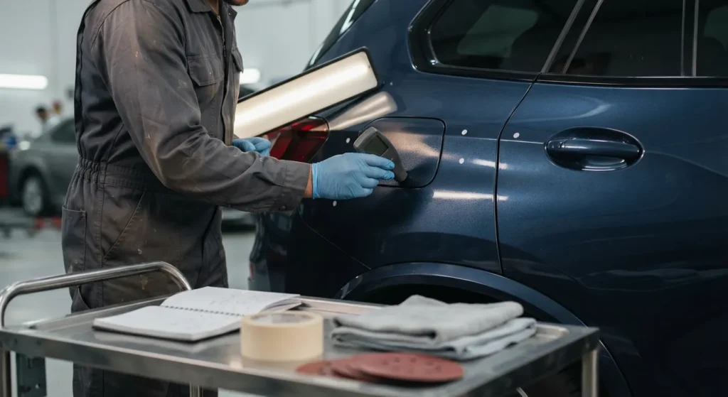 Technician measuring clear-coat thickness on an SUV before correcting car paint orange peel