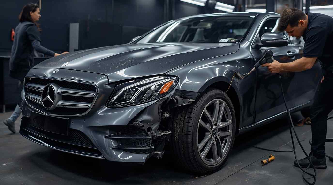 Mercedes-Benz vehicle undergoing body repair assessment in a professional Dubai workshop