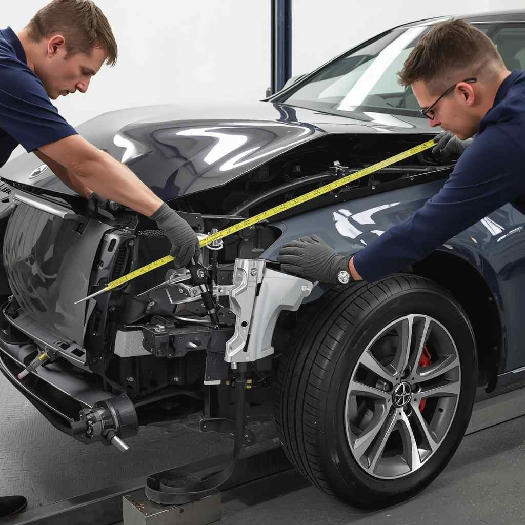 Technician confirming the exact Mercedes-Benz body and model identity before repair planning