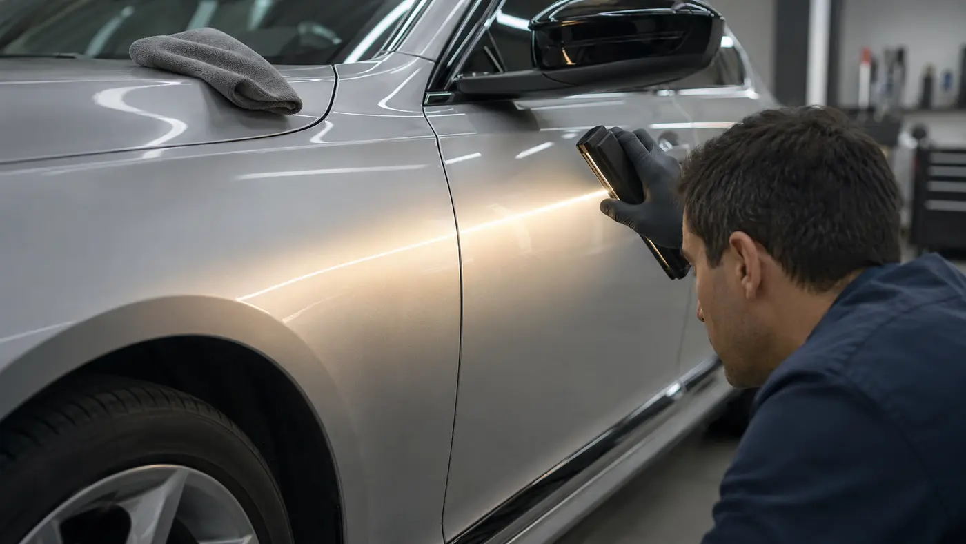 Technician checking pearl-silver paint reflections across a front fender and door seam before handover.