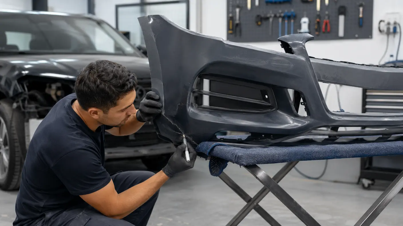 Technician inspecting a cracked plastic bumper cover before repair in a Dubai body shop