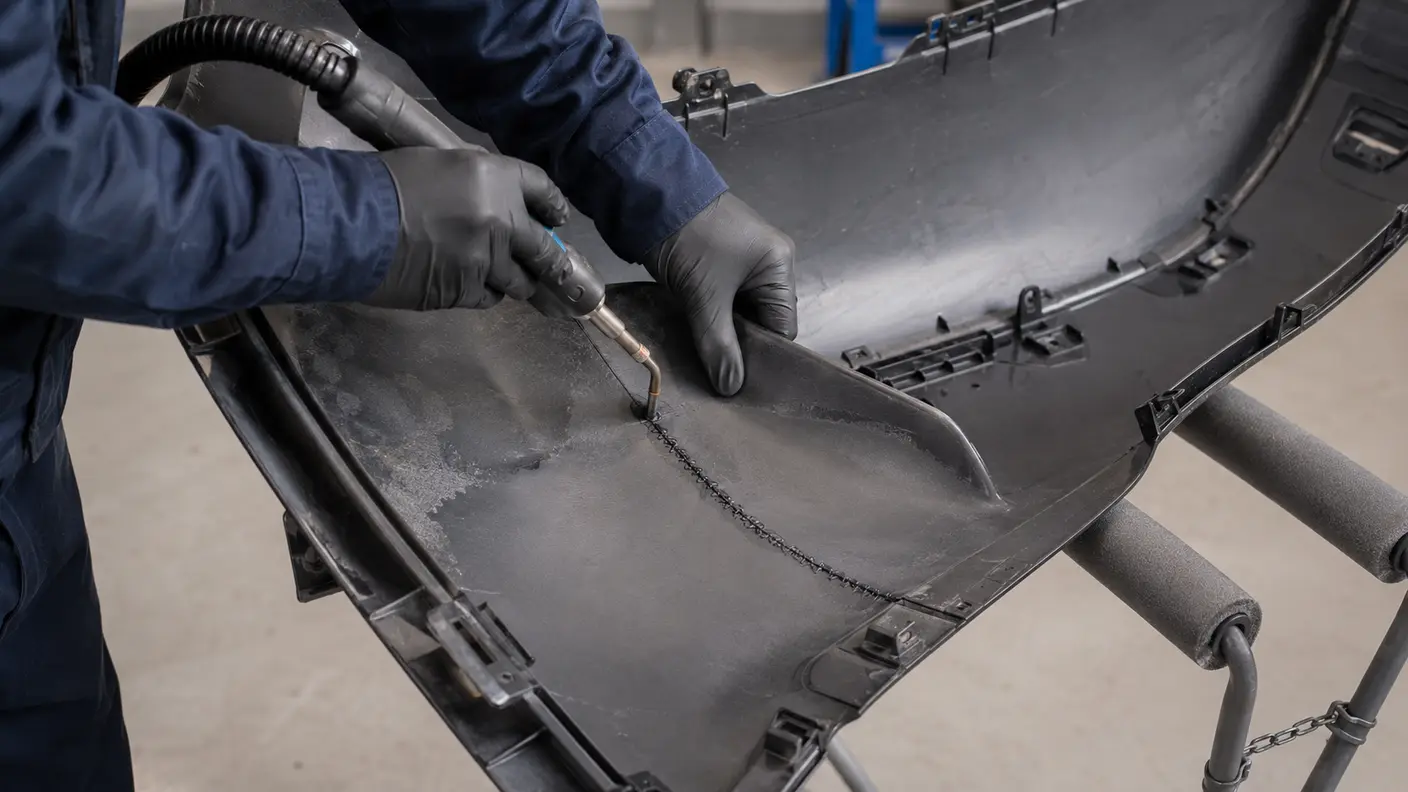 Technician repairing the reverse side of a cracked plastic bumper using controlled plastic welding