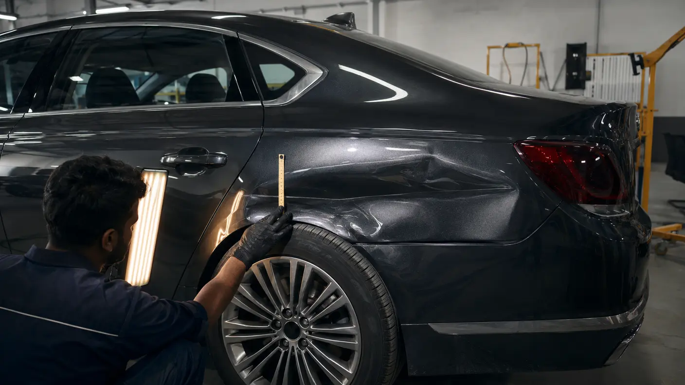 Technician inspecting a creased rear quarter panel and wheel arch in a Dubai body shop