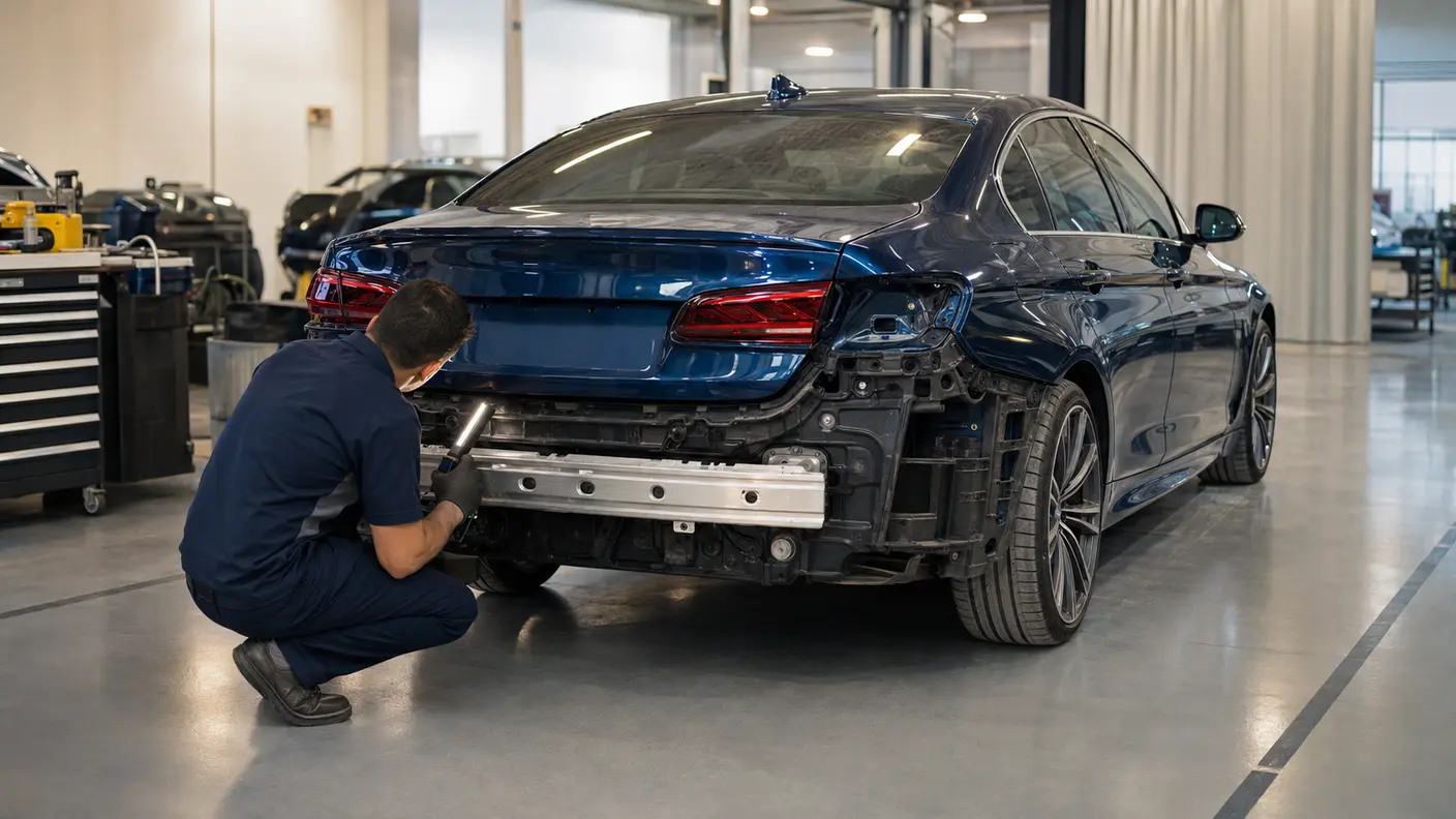 Technician inspecting the exposed reinforcement and mounting area behind a removed rear bumper cover.