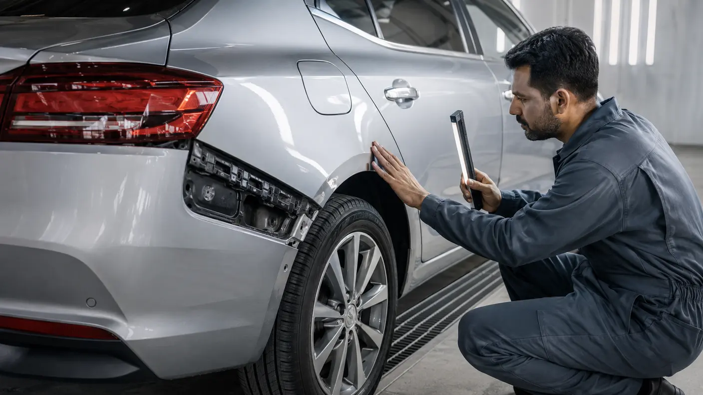 Technician checking the contour of a rear fender wheel arch beside the rear door and bumper after body repair in Dubai.