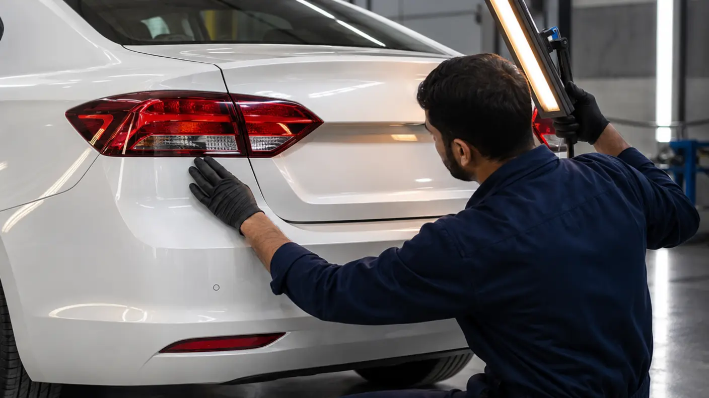 Technician checking the boot-lid gap, tail-lamp edge and repaired rear paint finish under an inspection light.