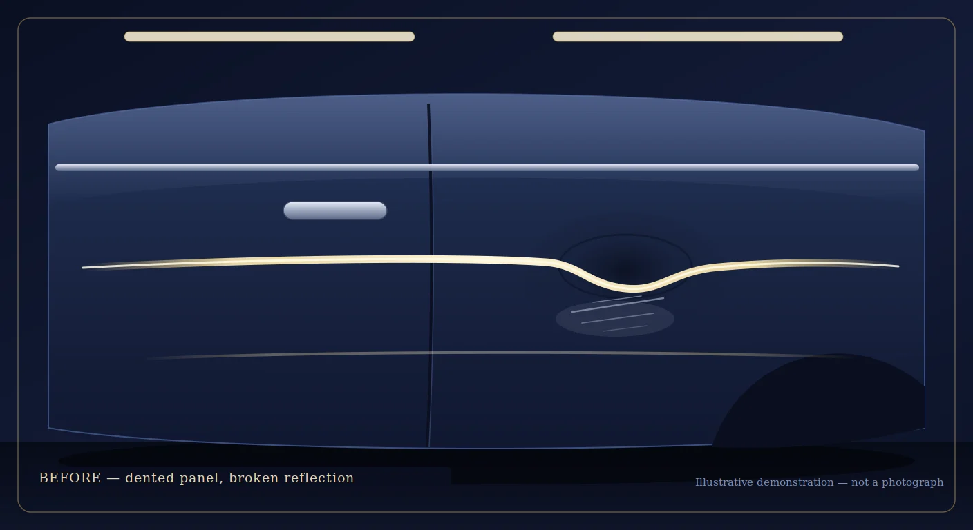 Illustration of a dented luxury door panel with a broken reflection line, shown as the before state.
