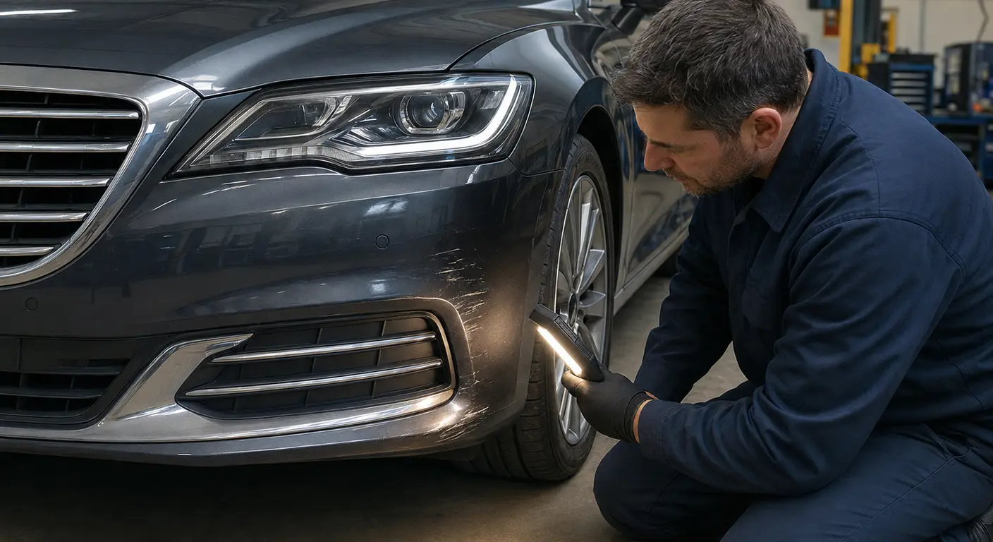 Technician inspecting bumper corner scuffs and nearby panel alignment on a badge-free luxury sedan.