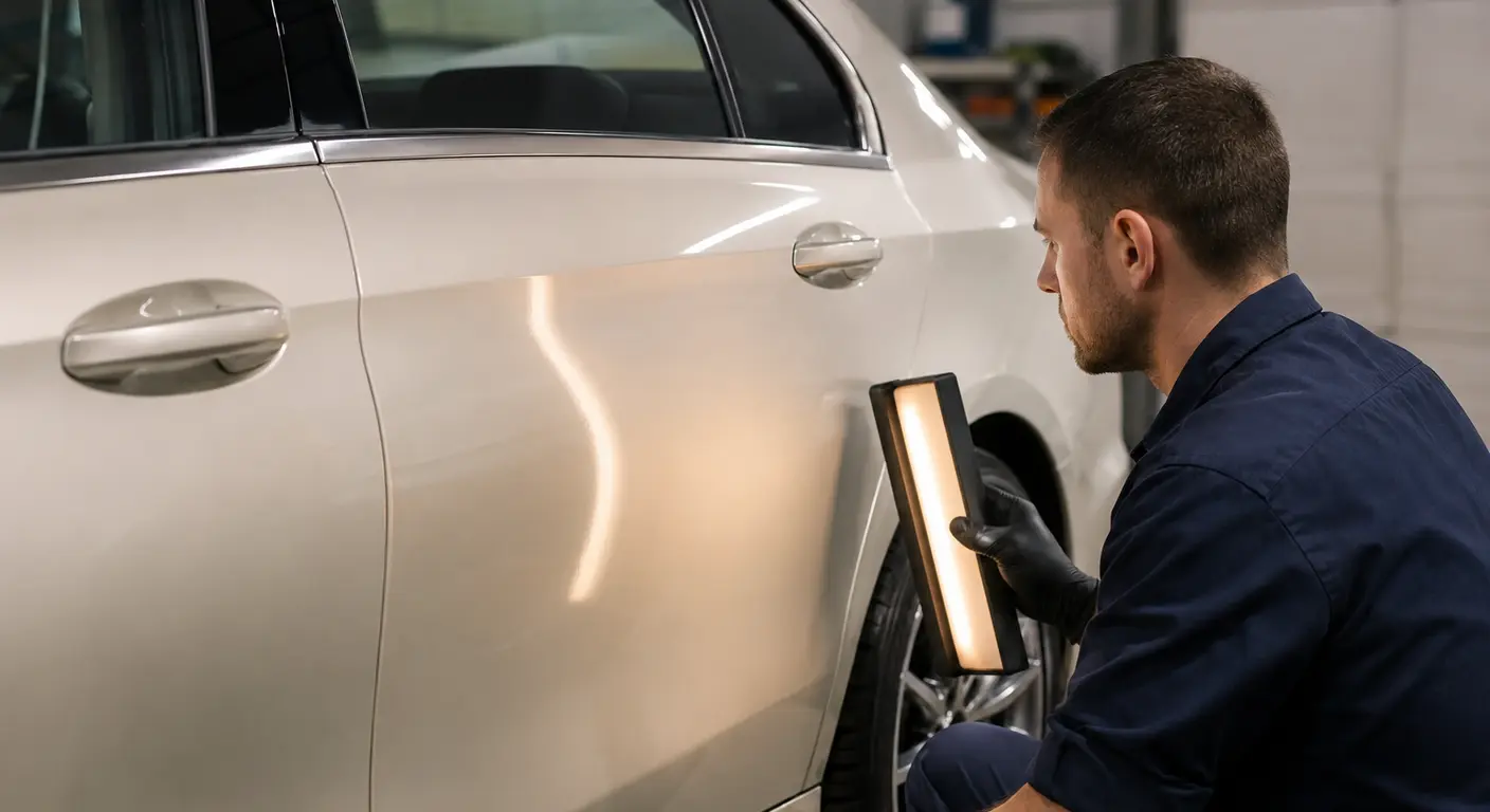 Technician checking the long door and rear quarter reflection on a badge-free luxury sedan in Dubai.