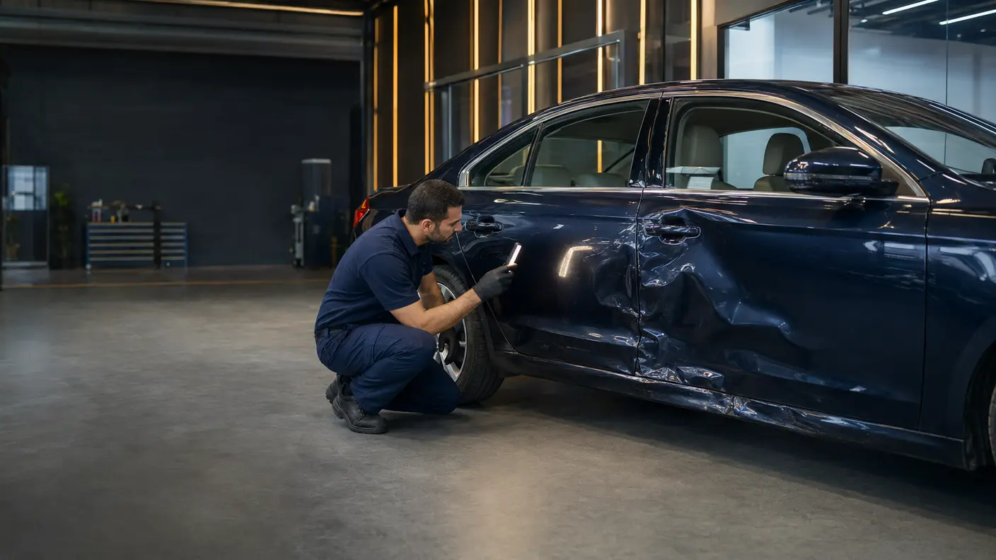 Technician assessing door dents, panel gaps and sill alignment for side impact repair in Dubai.