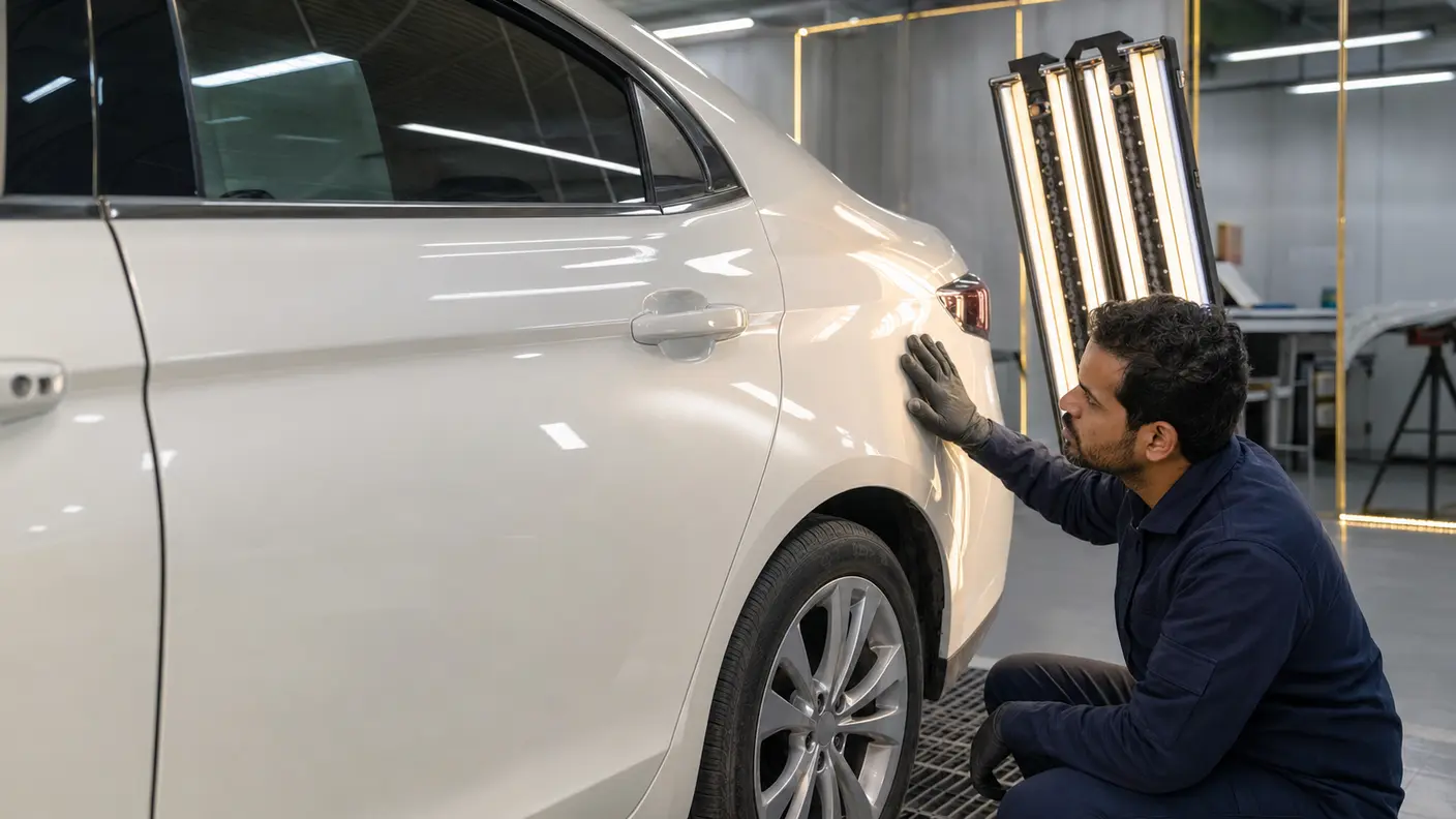 Technician checking repaired door and quarter-panel reflections after side impact repair in Dubai.