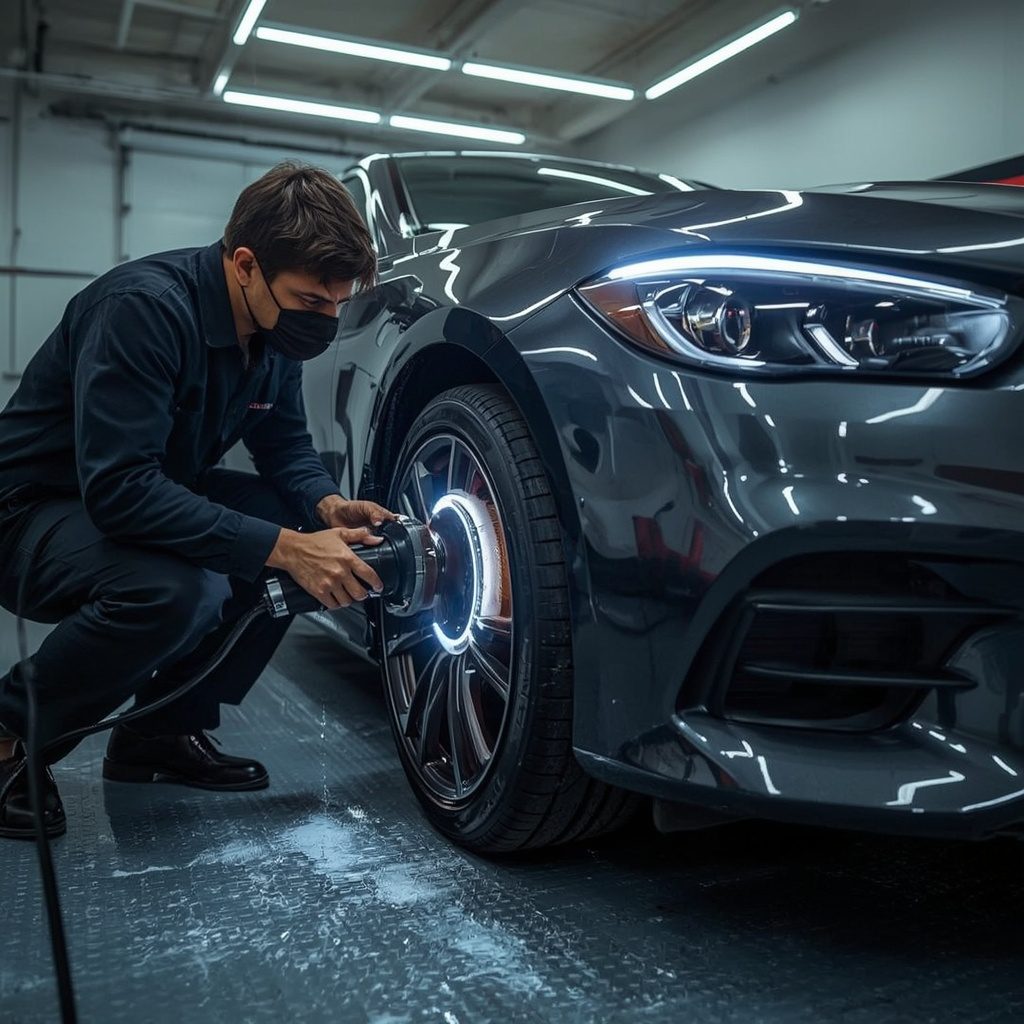 Technician carrying out a final vehicle quality check