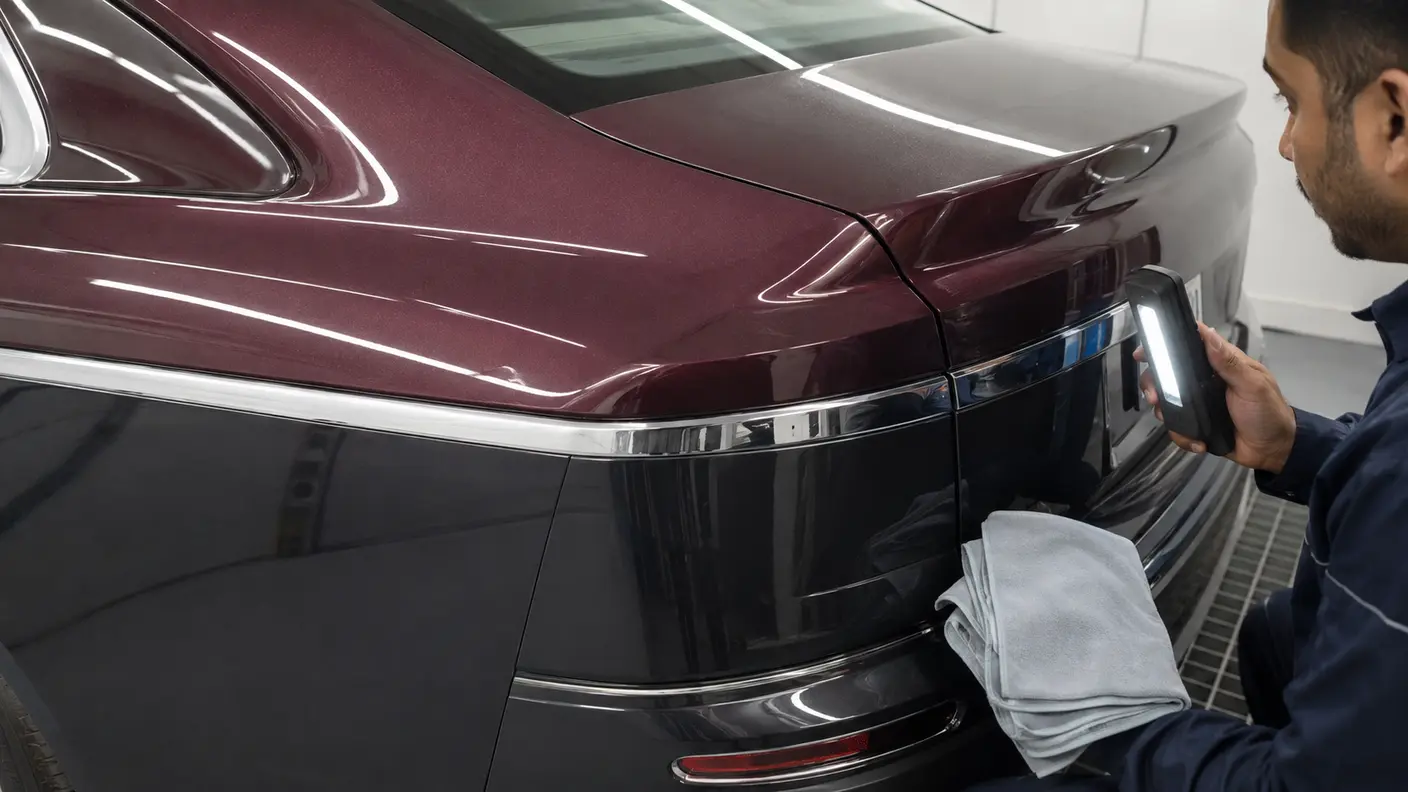 Technician inspecting a badge-free luxury sedan two-tone paint finish and rear bumper corner under neutral workshop light.