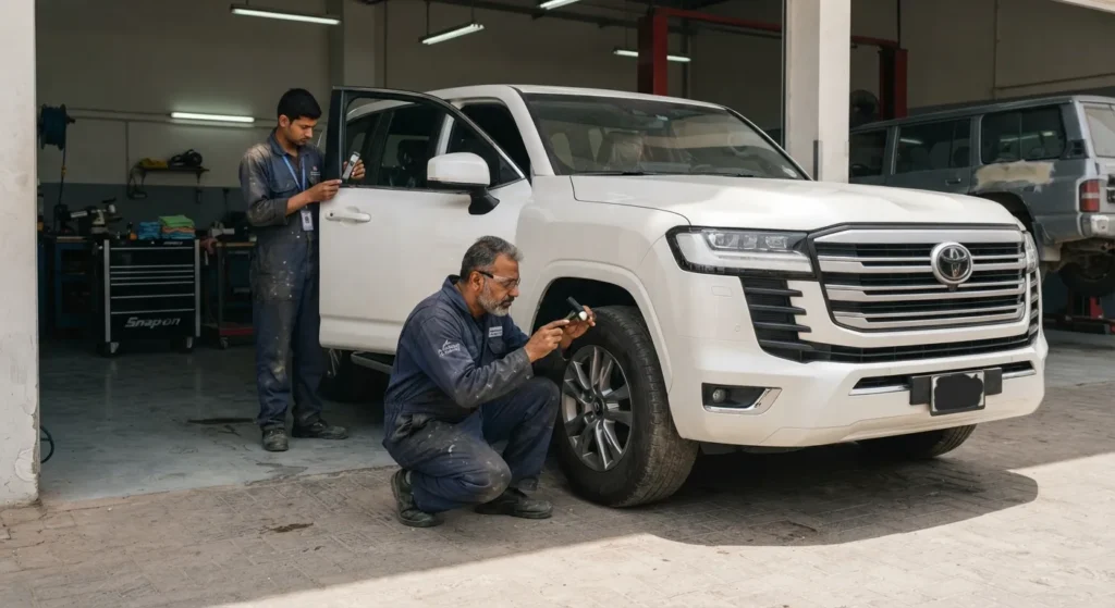 Technicians inspecting a vehicle for body damage before accident repair in Dubai