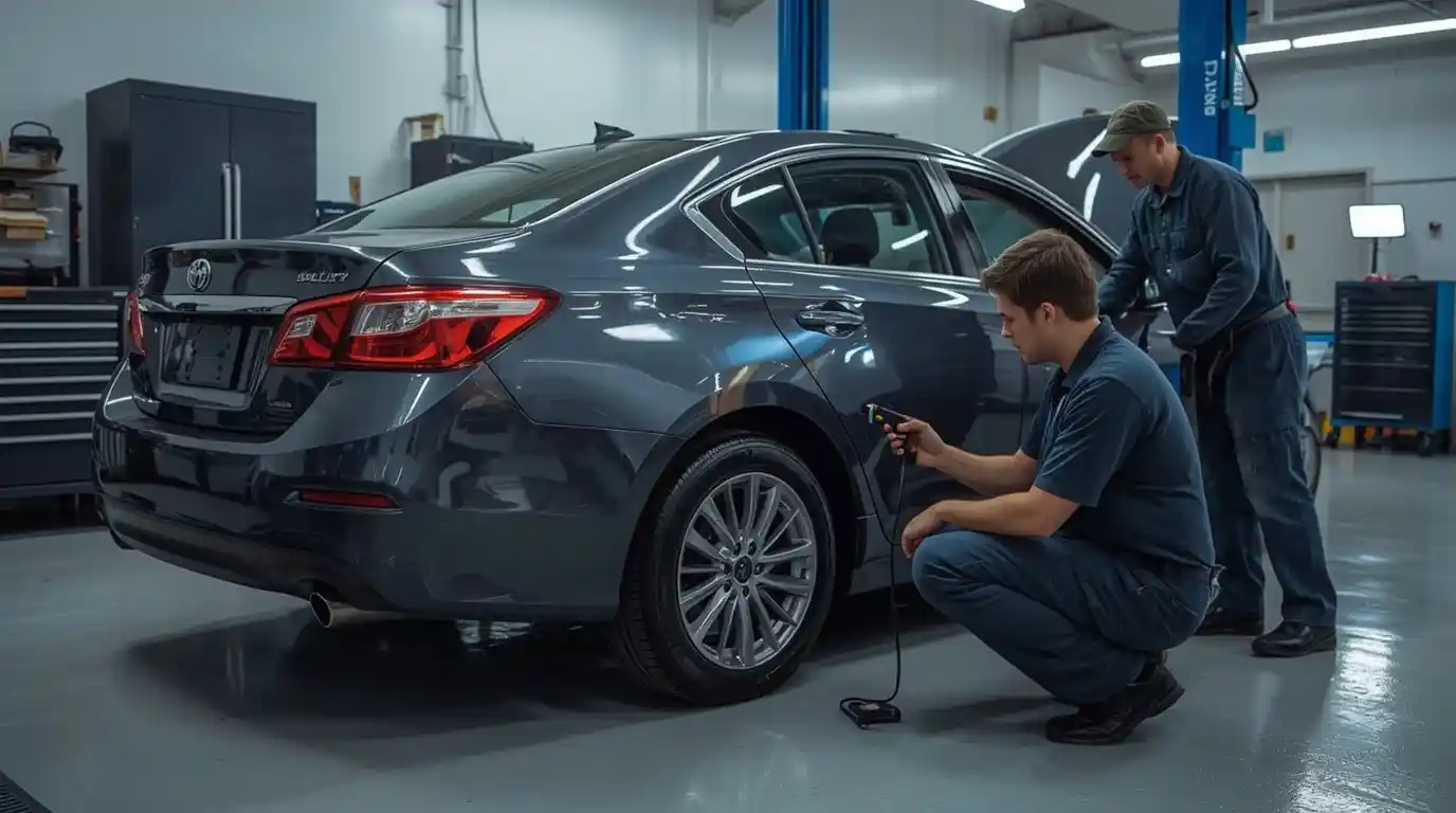 Technician preparing an automotive paint repair surface under warranty documentation in Dubai