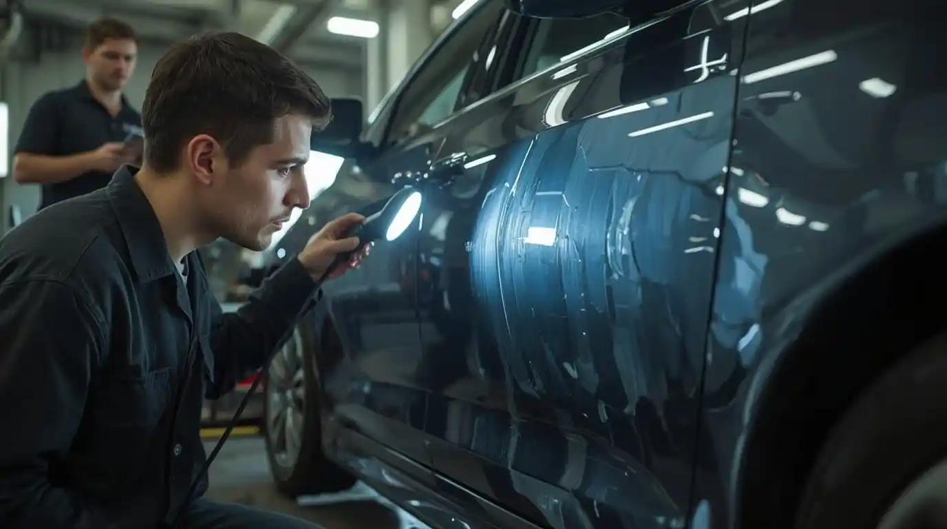 Automotive paint concern inspected under controlled lighting for warranty diagnosis in Dubai