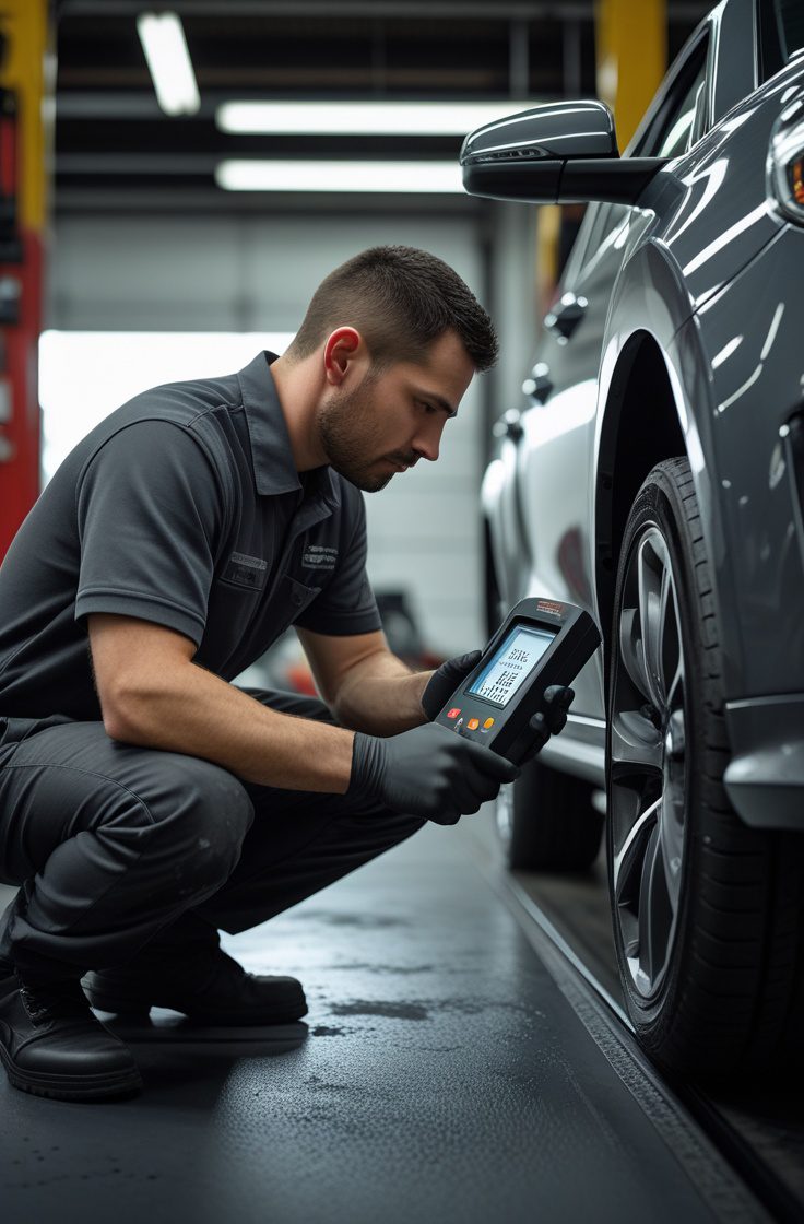 Technician diagnosing automotive paint depth and coating layers before warranty coverage is decided