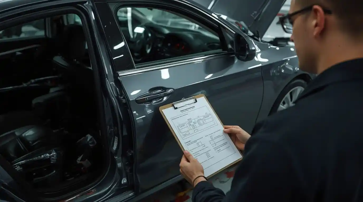 Technician inspecting automotive body work that was not included in the authorised repair scope