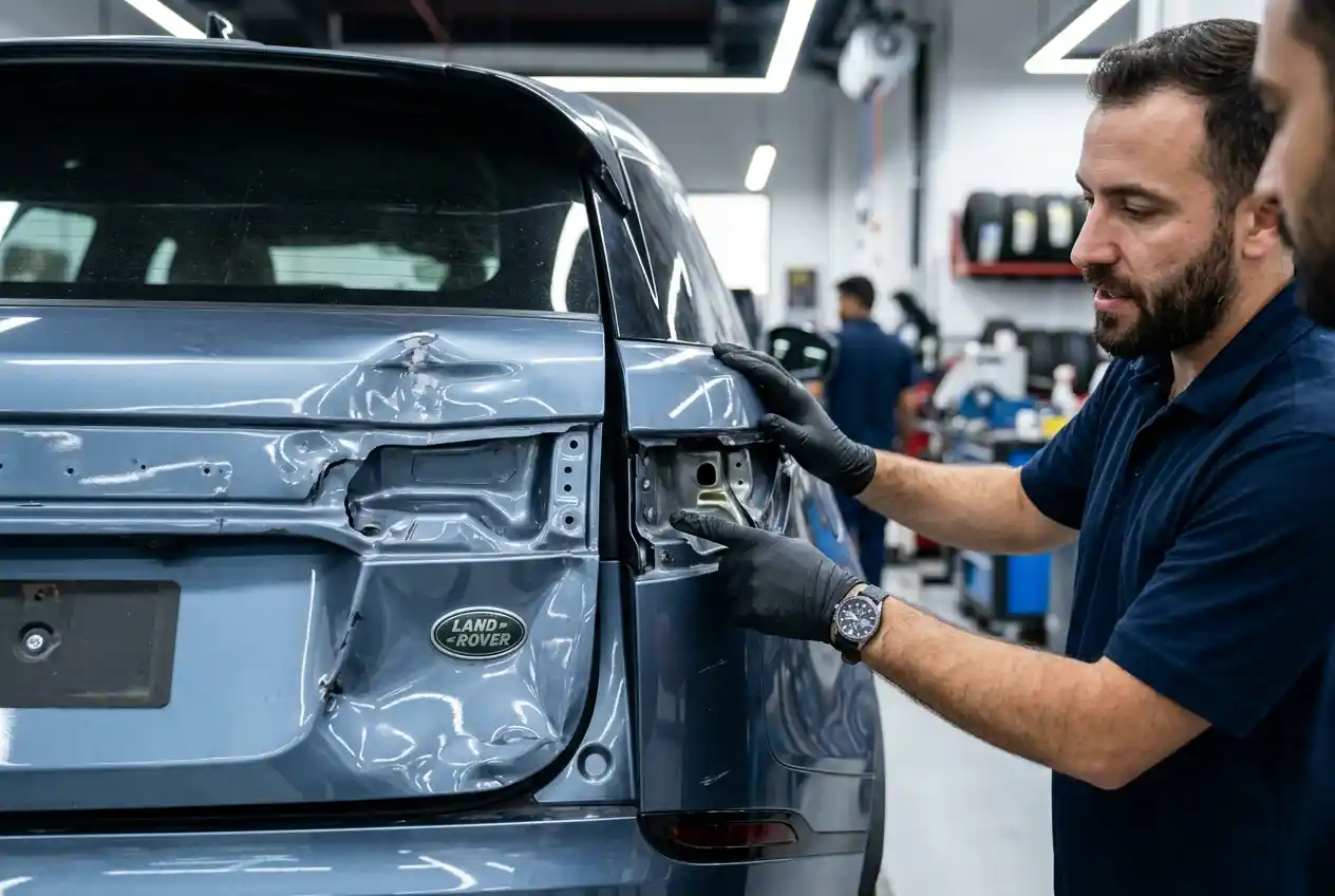 Technician inspecting how a tailgate dent affects the outer skin, gaps and closure alignment
