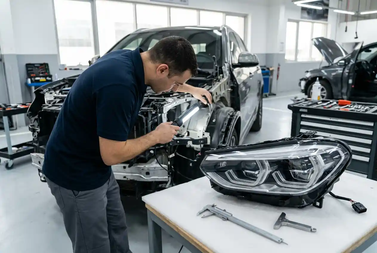 Technician inspecting Mercedes-Benz GLC headlamp pocket geometry and mounting points after front-corner contact