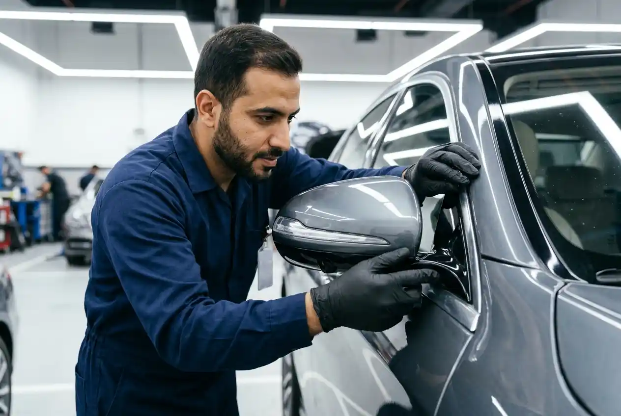 Repaired side mirror checked for secure mounting, cap fit, glass stability and powered functions