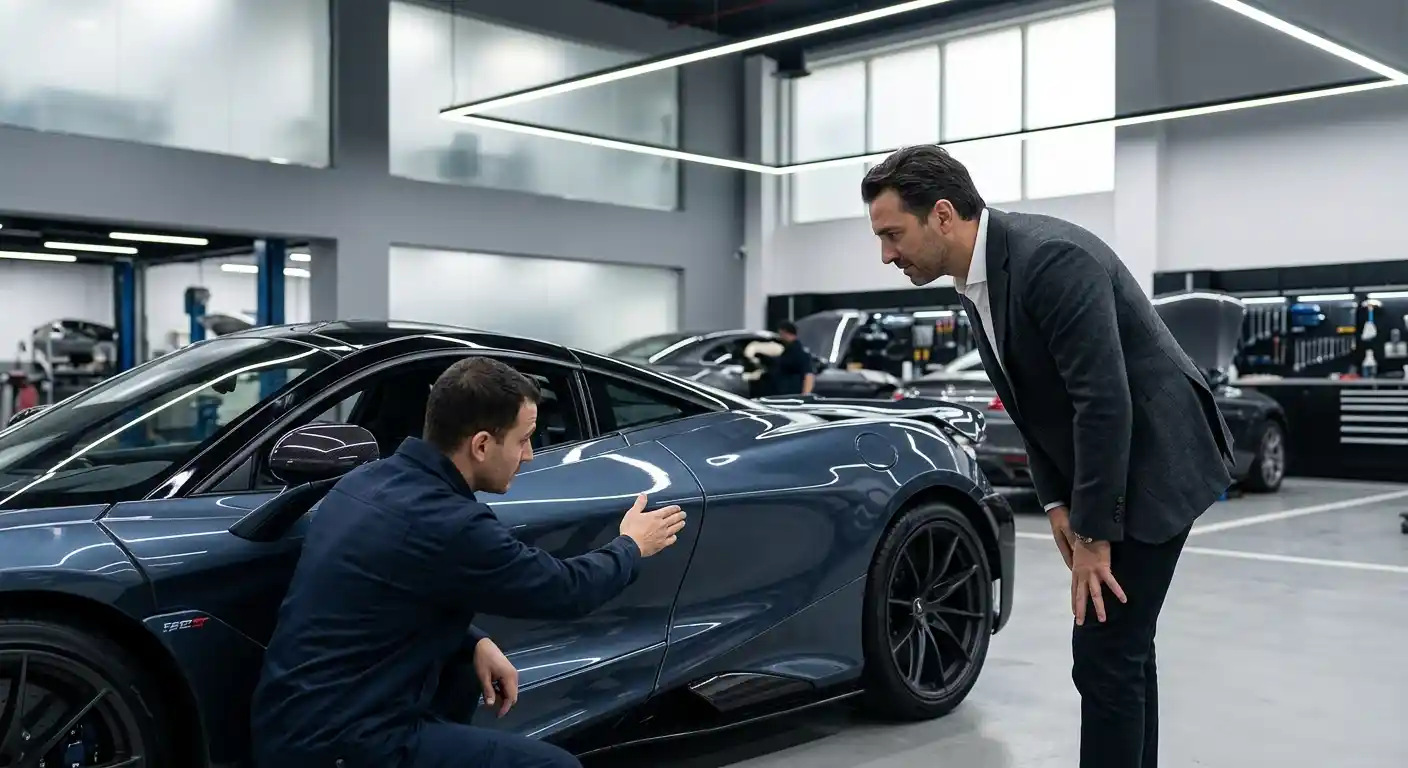 Technician carrying out a practical Lamborghini handover review of panel shape, paint finish, lower trim and exterior alignment