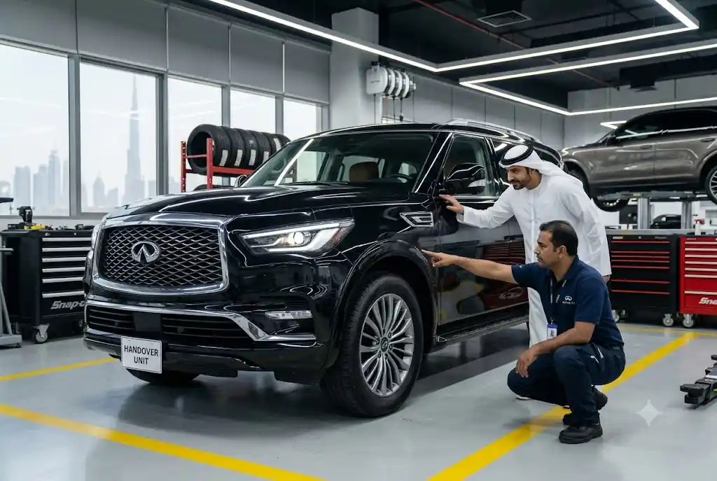 Technician reviewing Infiniti panel gaps, paint reflections, trim seating and exterior functions before vehicle handover