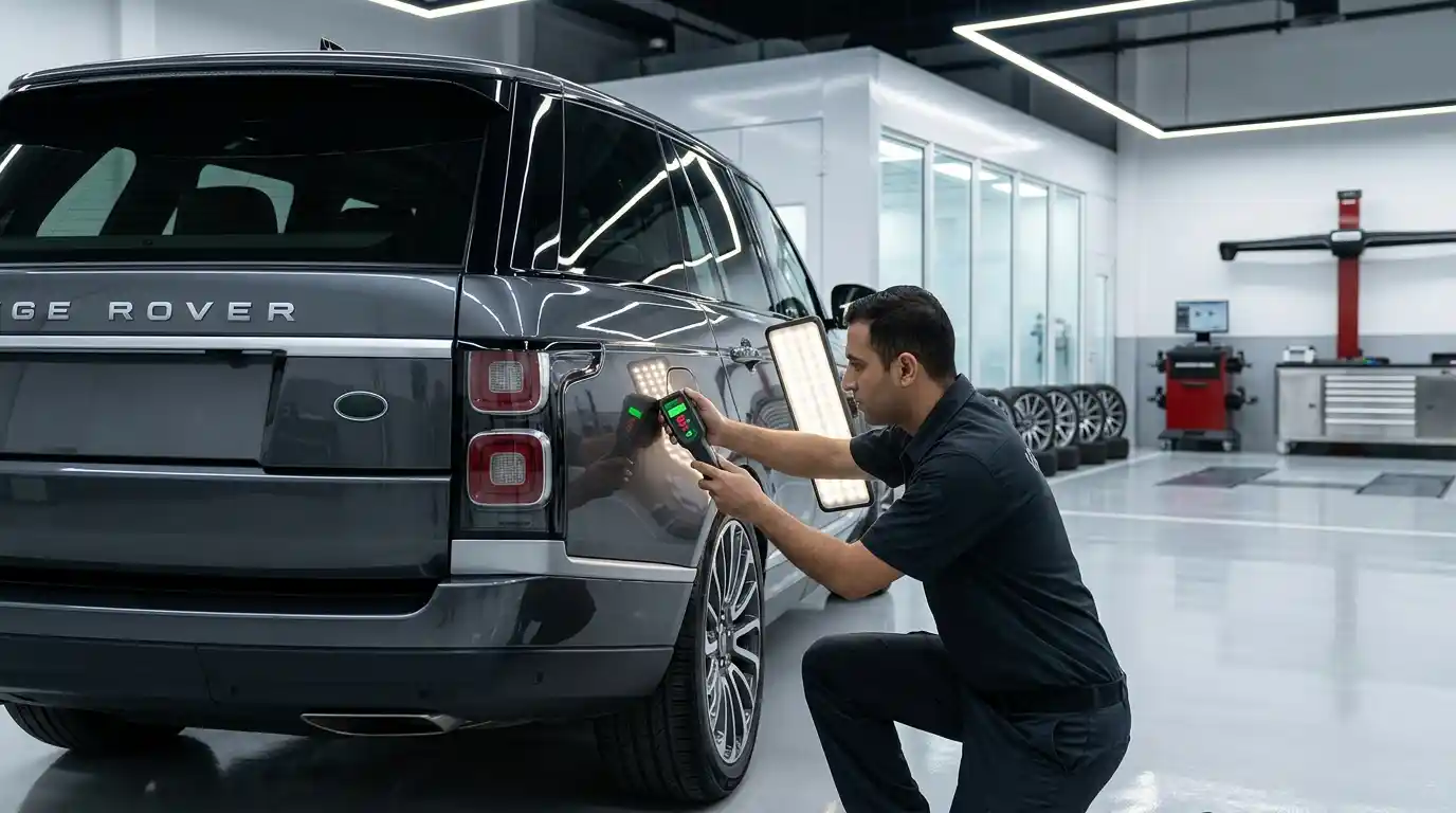 Range Rover paint finish inspected with controlled reflections and colour measurements