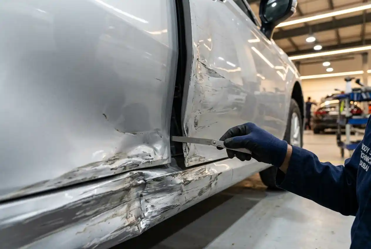 Technician assessing rocker panel dent depth, door gaps and lower sill condition before repair