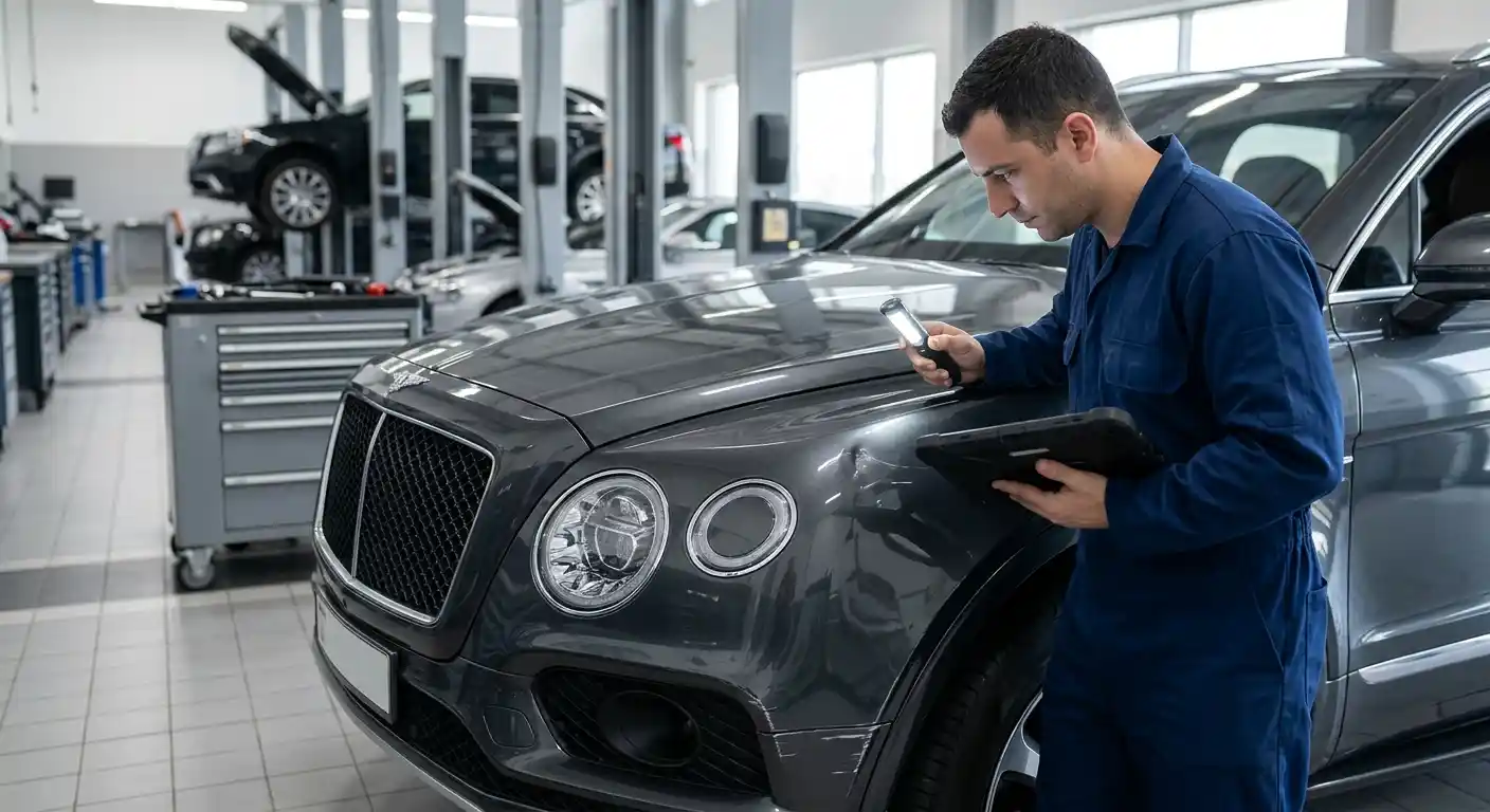 Bentley undergoing an initial body damage assessment in a professional Dubai workshop