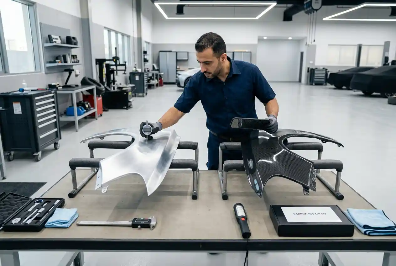 Technician identifying the actual material and construction of a McLaren body component before selecting a repair method
