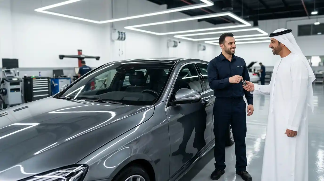 Side mirror housing repair assessment arranged in a professional Dubai body shop