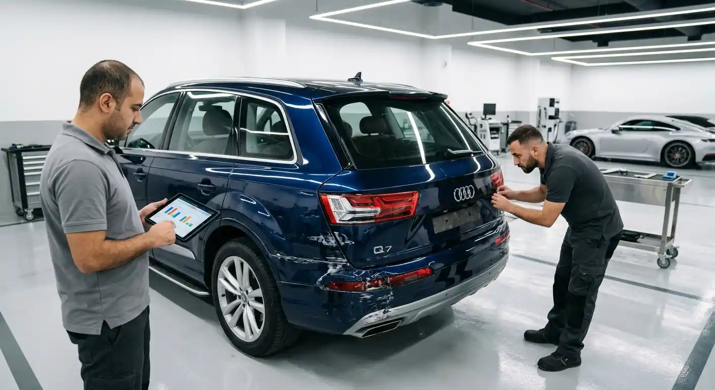 Audi Q7 Body Repair Dubai Audi Q7 body repair Dubai assessment for rear impact tailgate boot-floor and bumper damage