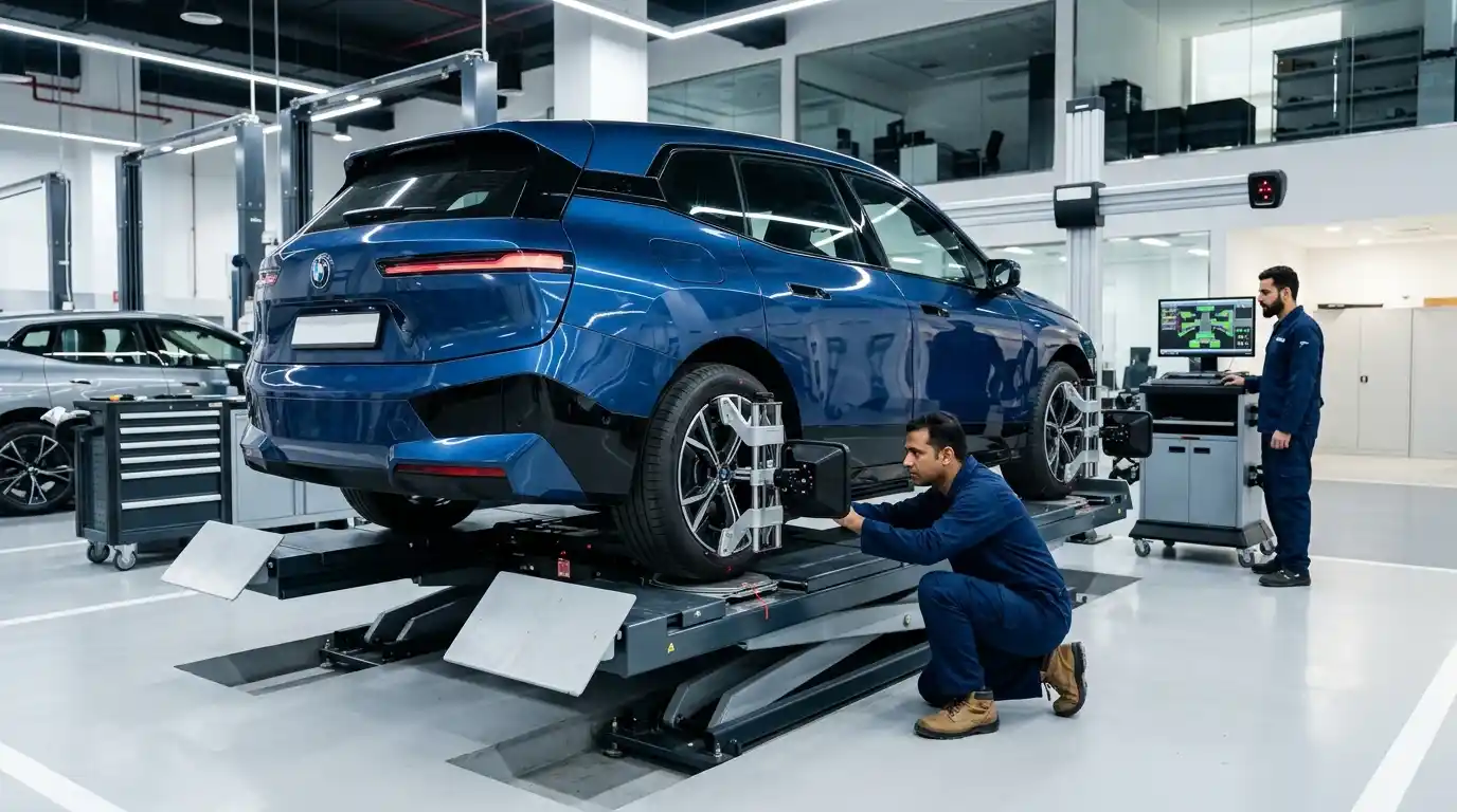 XPeng body geometry and wheel alignment measured before perception-system calibration