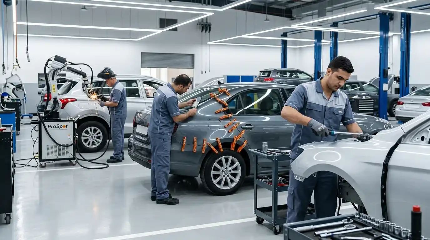 Bolt-on bonded and welded vehicle panels compared during replacement planning in a body repair workshop